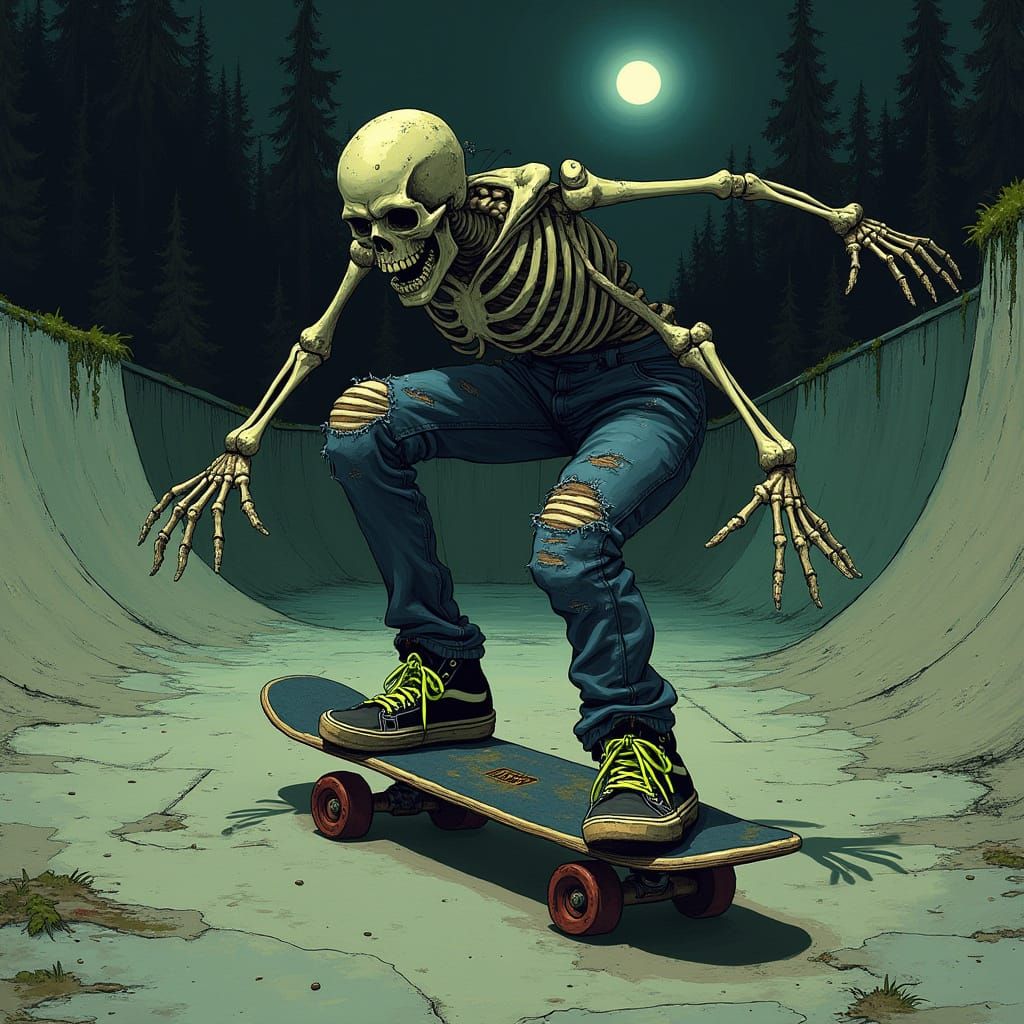 Gothic Skeleton Skater in Abandoned Skate Park