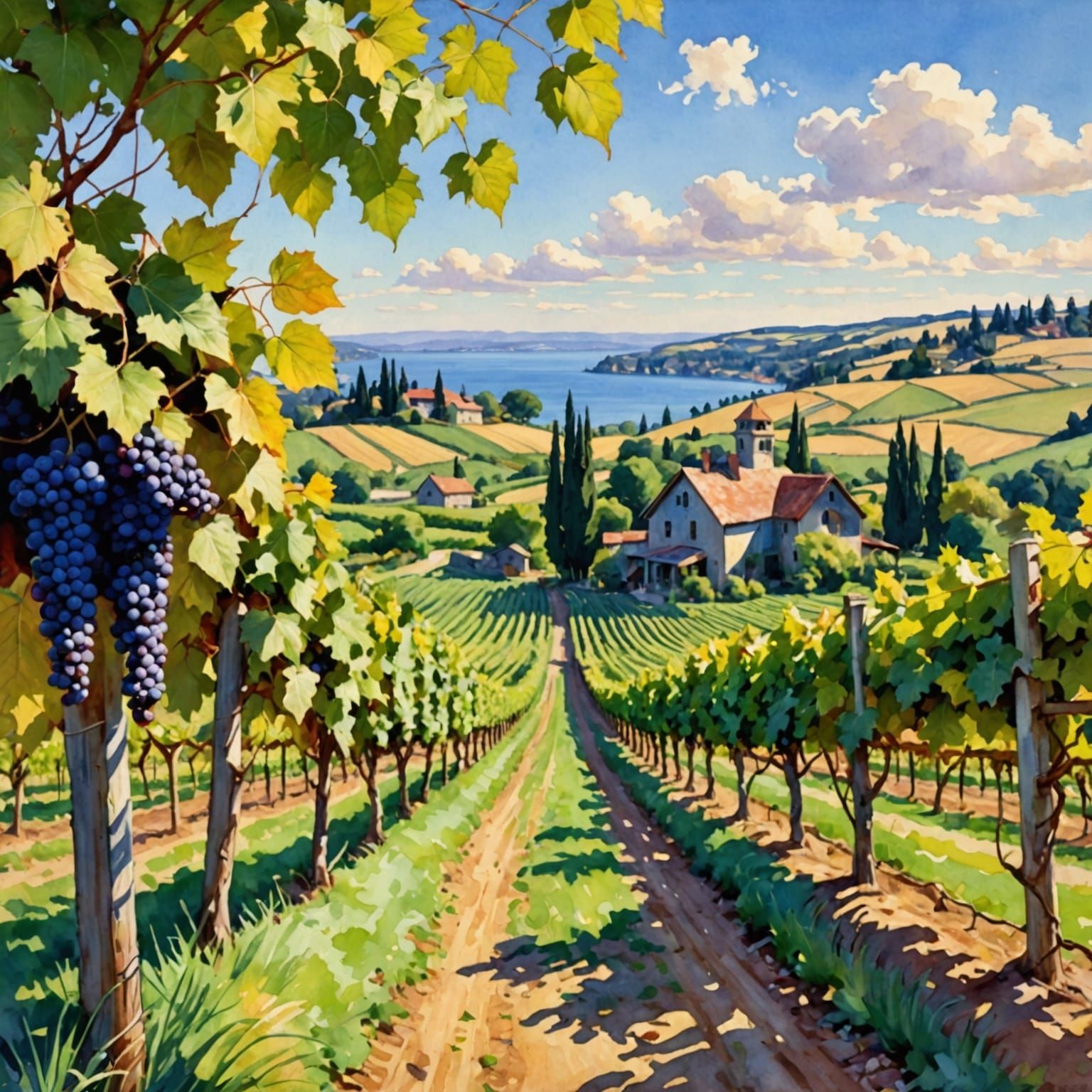 A Dreamy Watercolor Vineyard Scene