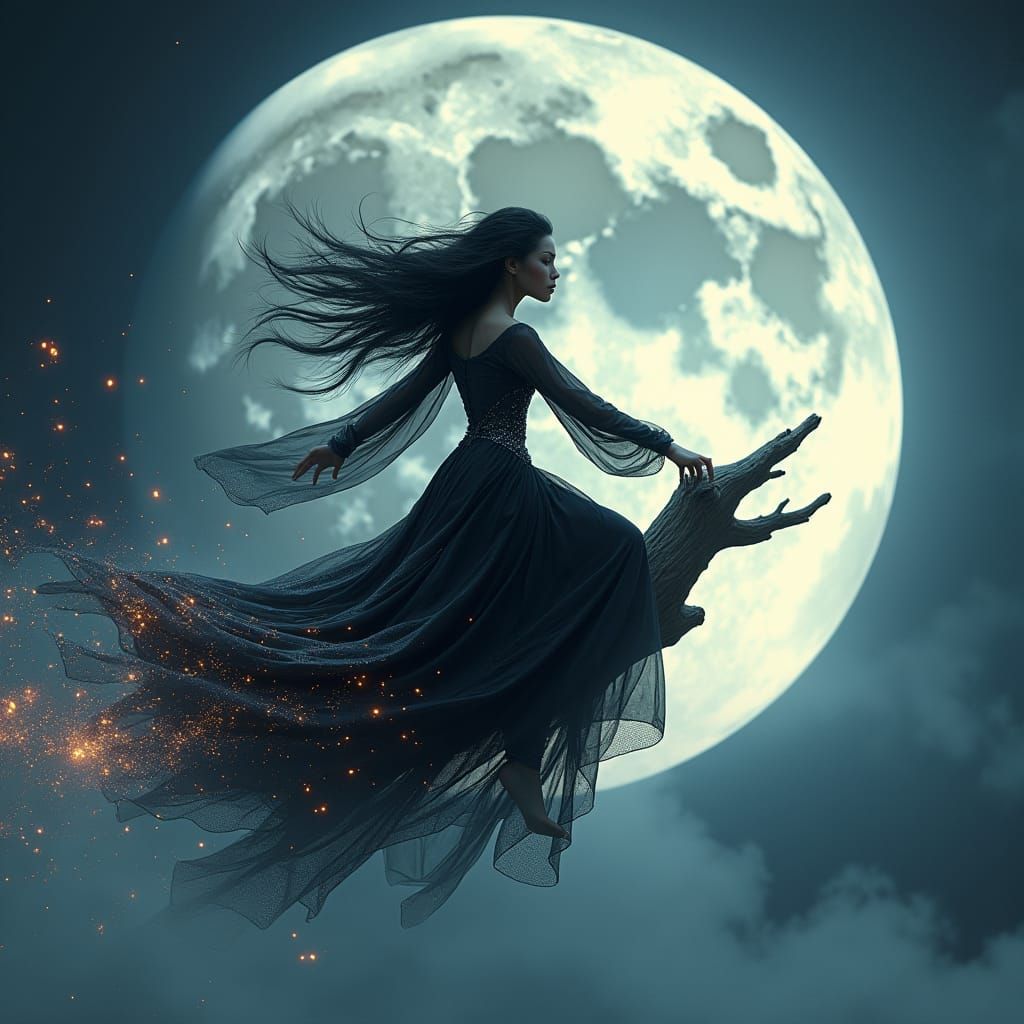Enchanting Witch Soaring Before the Moon
