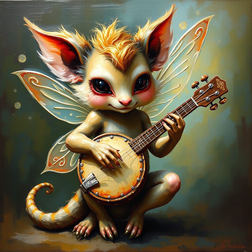 Whimsical Fairy Tale Character Plays Banjo in Oil Painting