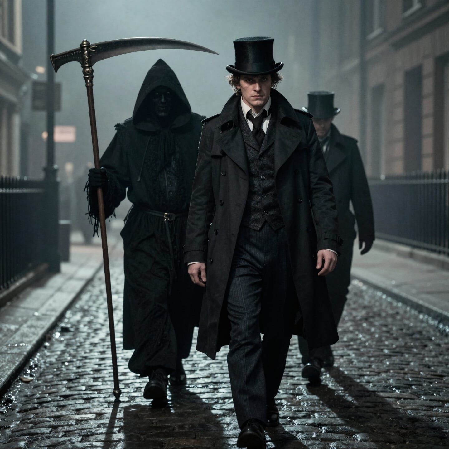 Jack the Ripper Meets Grim Reaper on Foggy London Street