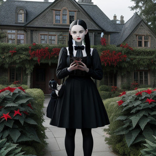 Gothic Wednesday Addams Admires Rare Black Poinsettia in Fro...