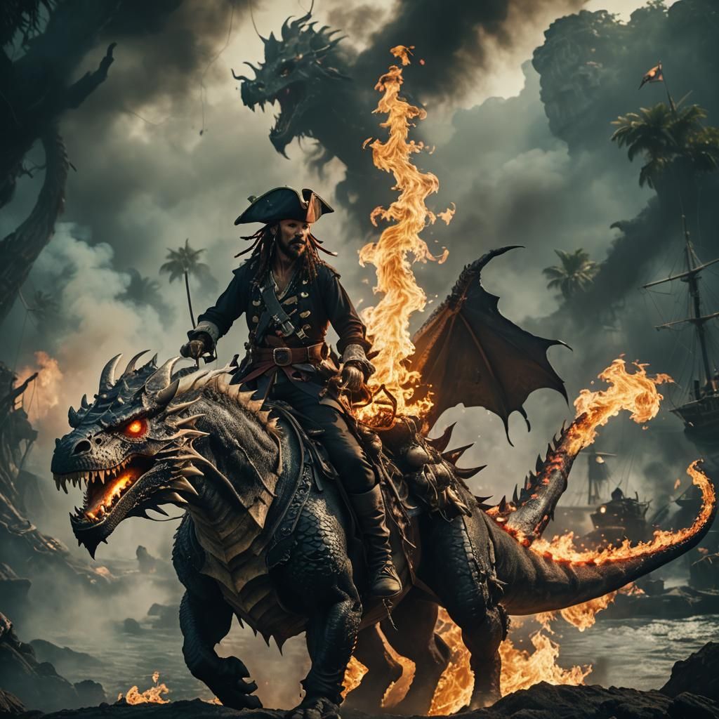 Epic Black Pirate Atop Dragon with Flaming Crown