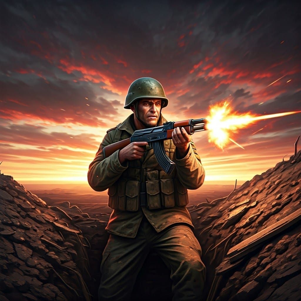 War-Torn Soldier Firing AK-47 in Desolate Landscape