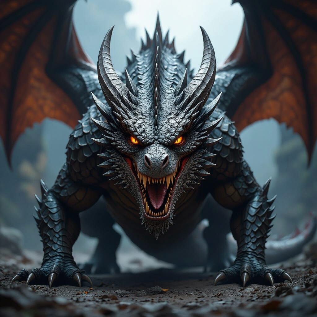 Sinister Dragon Snarling in Darkness, Realistic Photograph