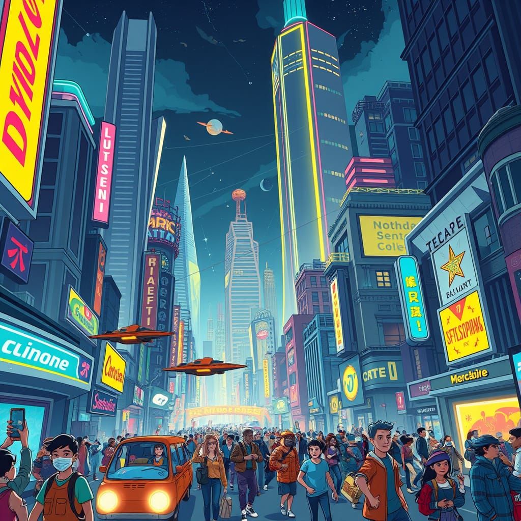 Vibrant Futuristic City at Night in Cartoon Style