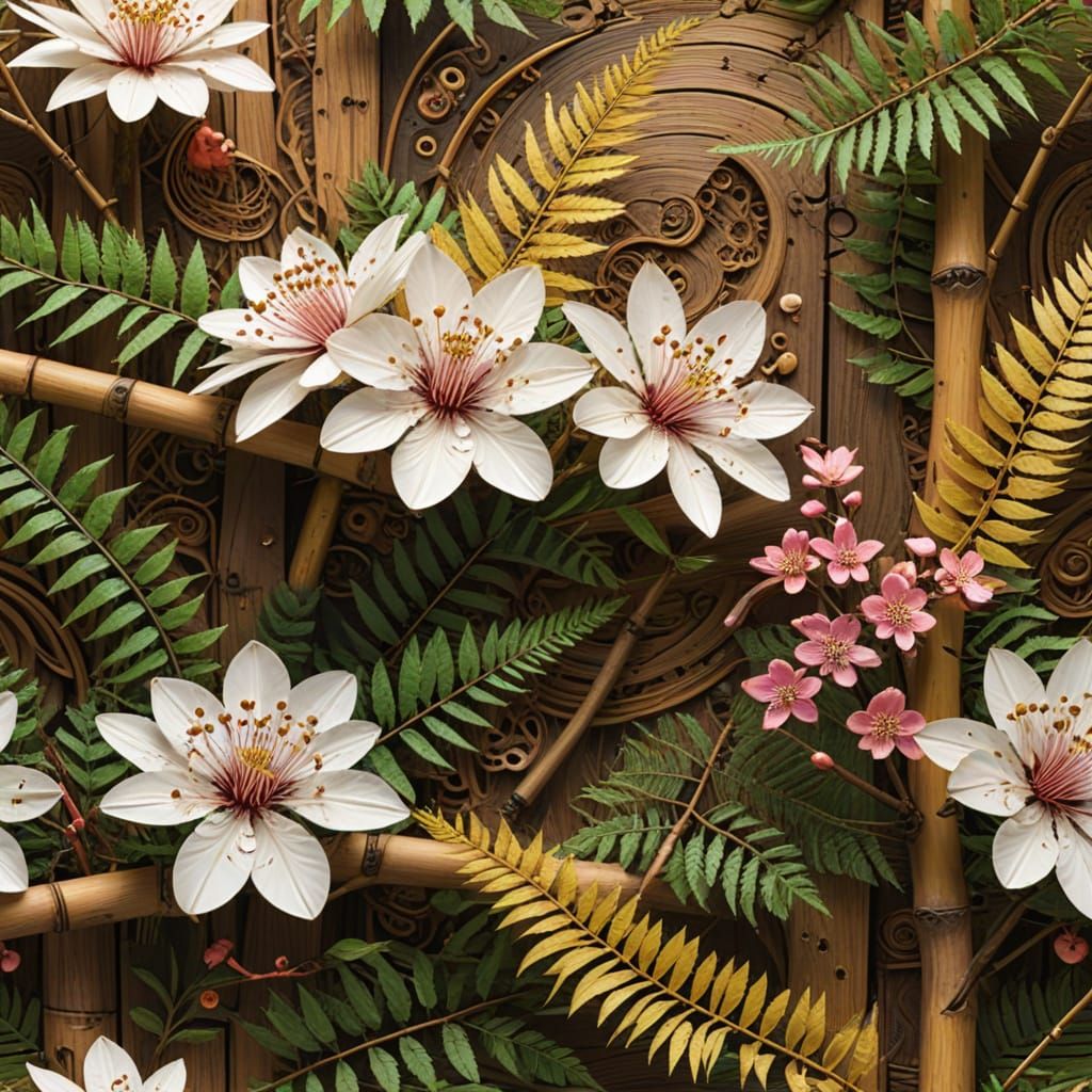 Vibrant Abstract Ikebana Arrangement with Cherry Blossoms