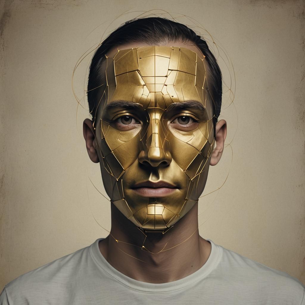 Man in Human Face Mask with Retro Style