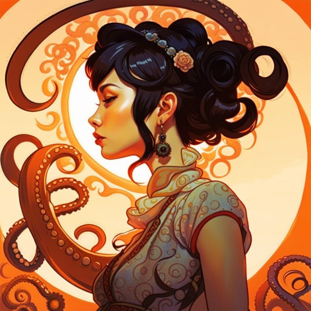 Octopus Crowned Woman Portrait in Detailed Style