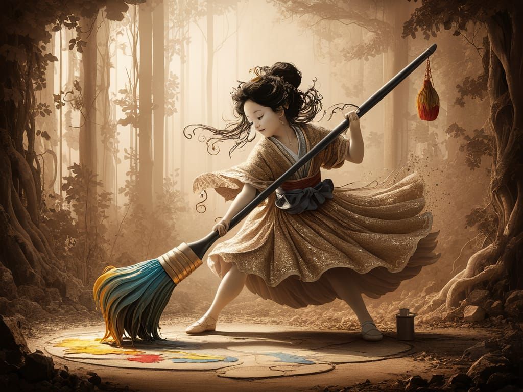 Japanese Princess Dancing with Paintbrush: Impasto Art