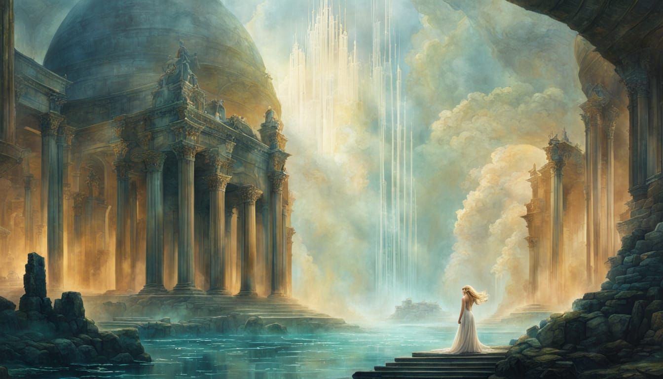 Goddess in Misty Atlantis Ruins in Inkpunk Watercolor Style
