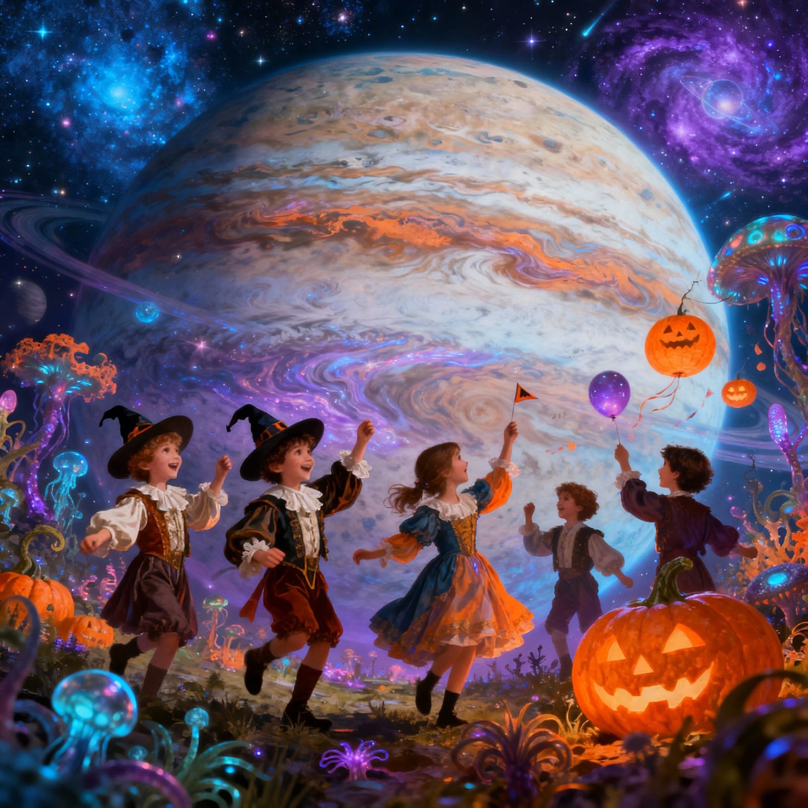 Children in Historical Costumes Celebrate Halloween on Jupit...