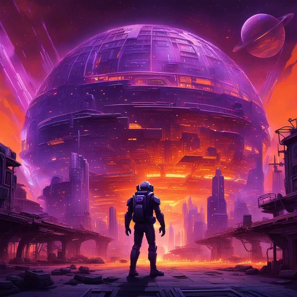 Sci-Fi Dystopia: Hologram Over Fiery Planet