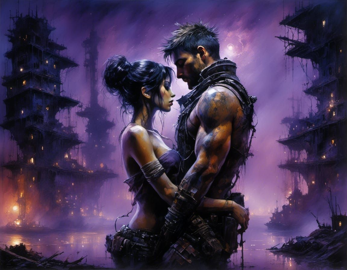 Cyborgs Embrace in Trashpunk Wasteland at Night