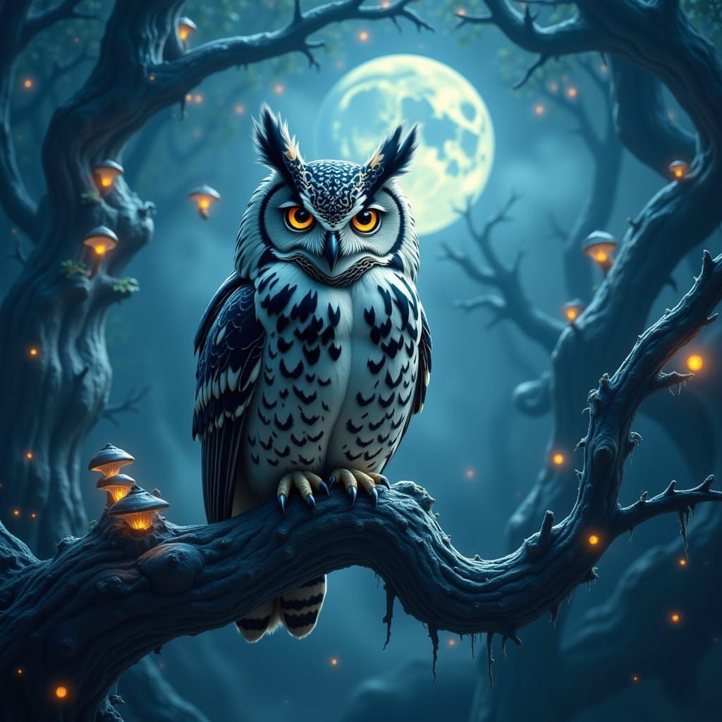 Majestic Owl in Moonlit Forest, Dark Fantasy Art