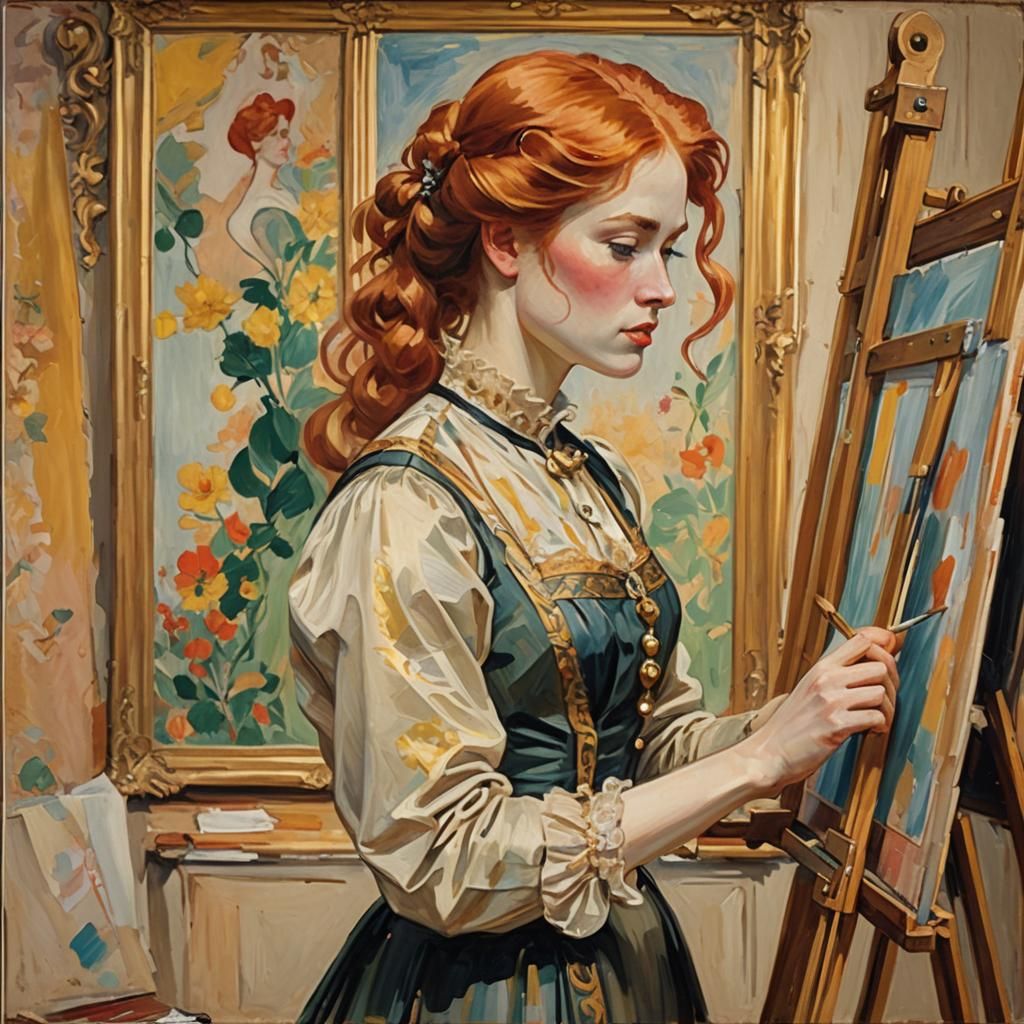 Elegant Woman with Palette: Gouache Art Nouveau