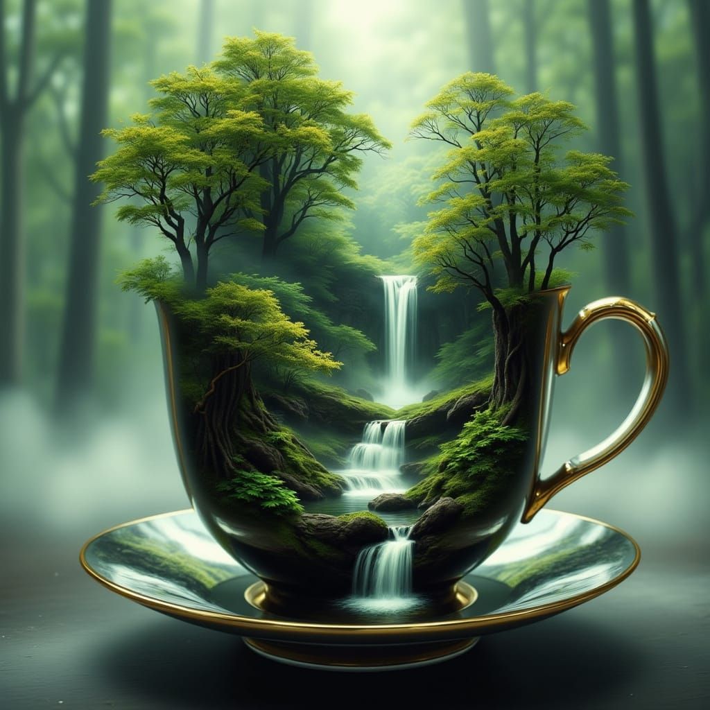 Surreal Teacup Forest Ecosystem with Cascading Waterfalls