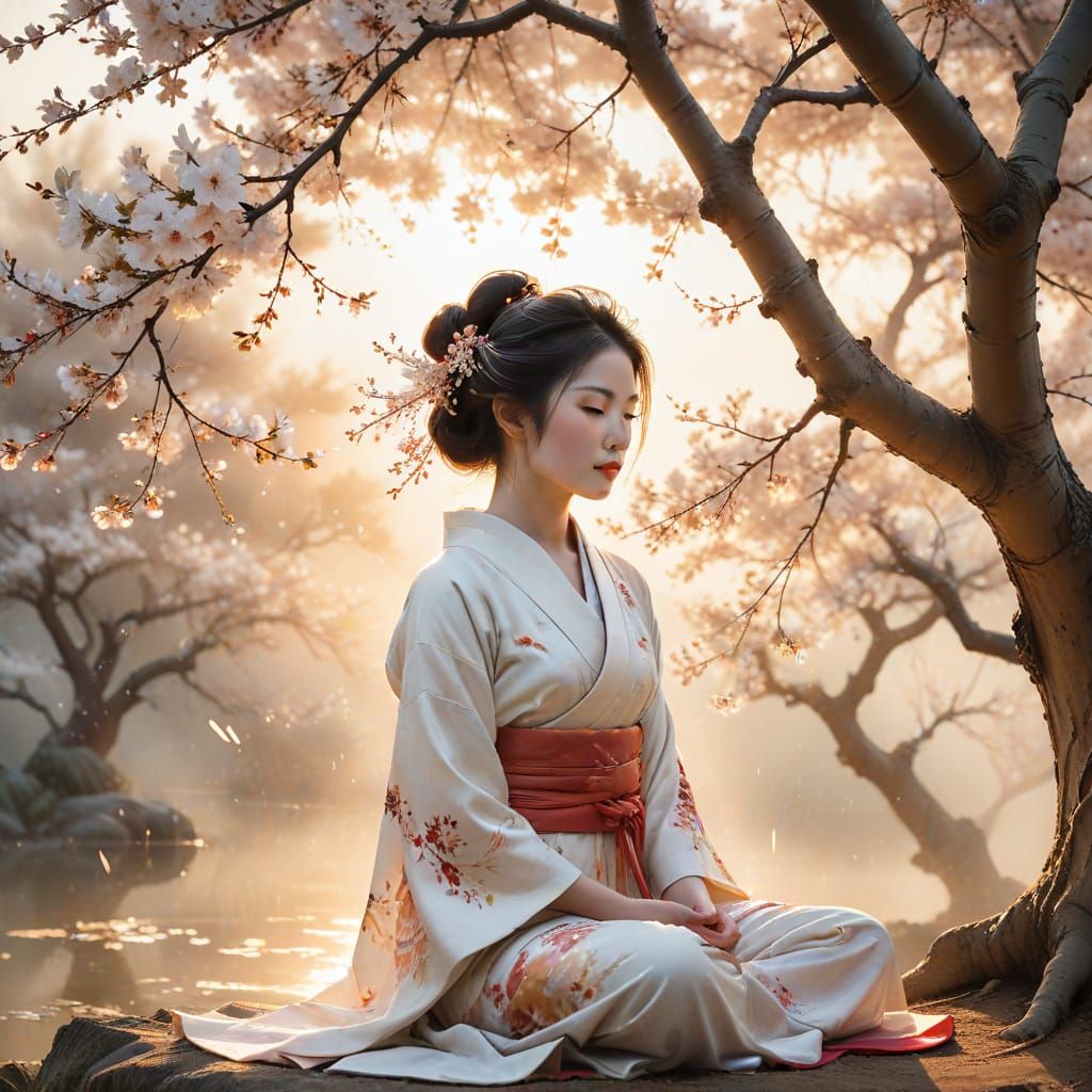 Geisha Meditating Under Blossoms At Sunset Splash Art
