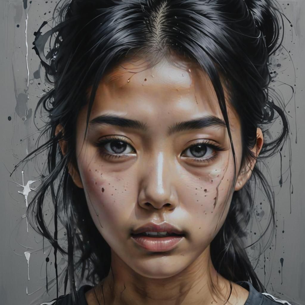 Glitching Asian Girl Face in Hyperrealistic Charcoal