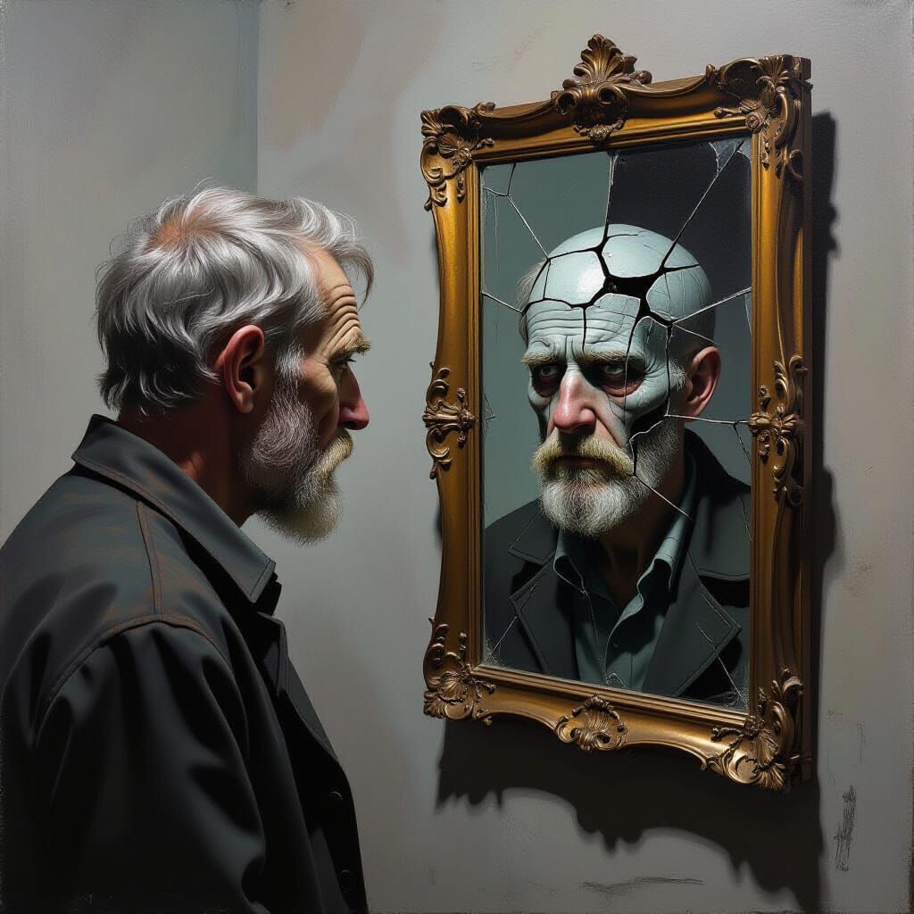 Man's Reflection Shows Crumbling Earth in Moody Chiaroscuro ...