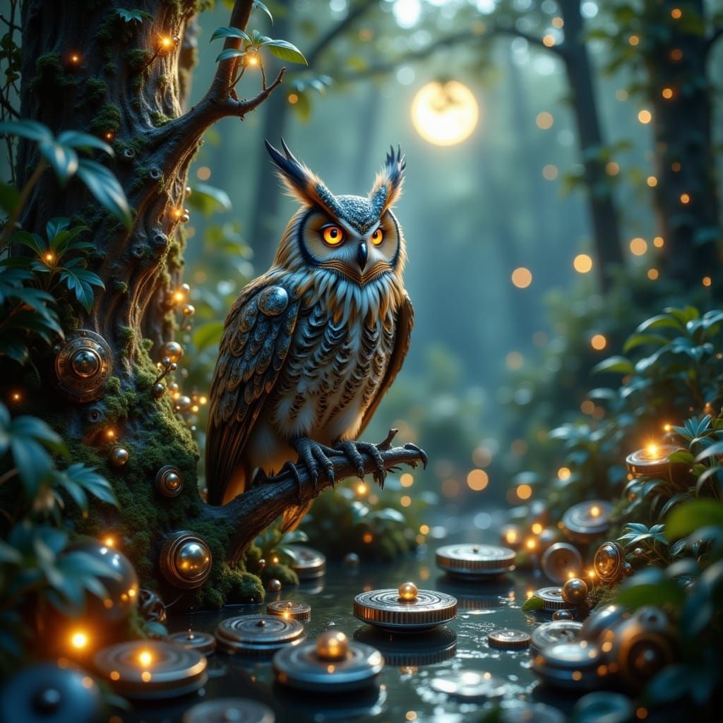 Mechanical Owl on Clockwork Branch in Moonlit Forest