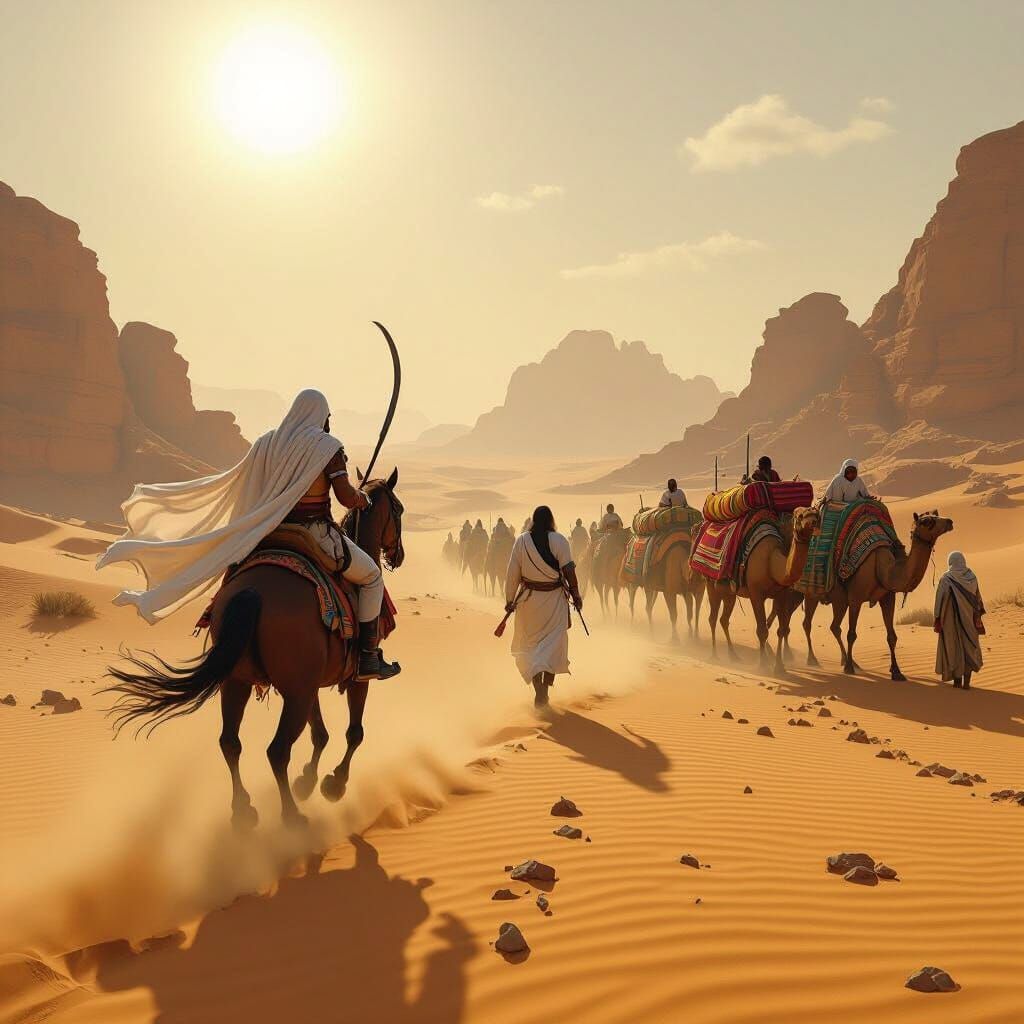 Arabian Horseman Charges Desert Caravan in Futuristic Style