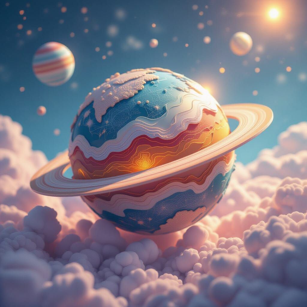 Vibrant Paper Planet in Dreamy Celestial Atmosphere