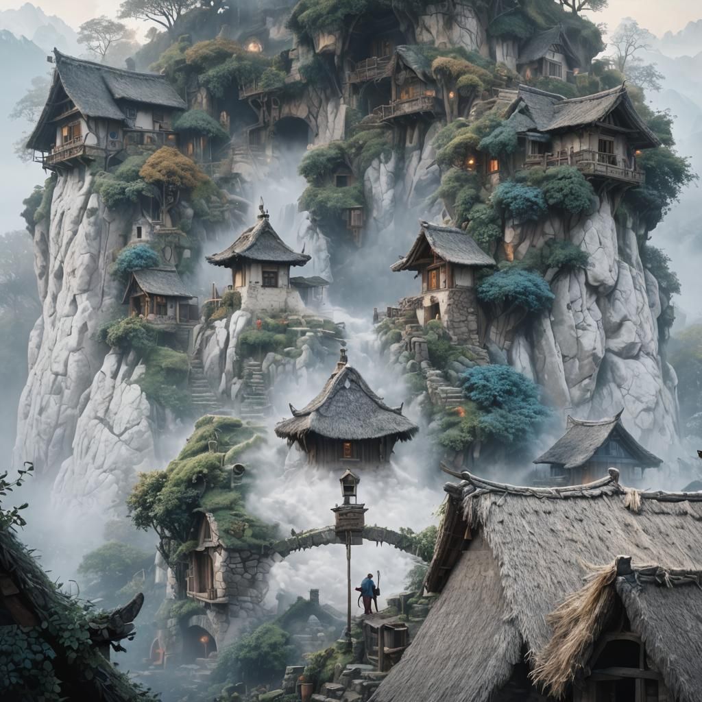 Fantastical Village Scene in Morning Sunlight