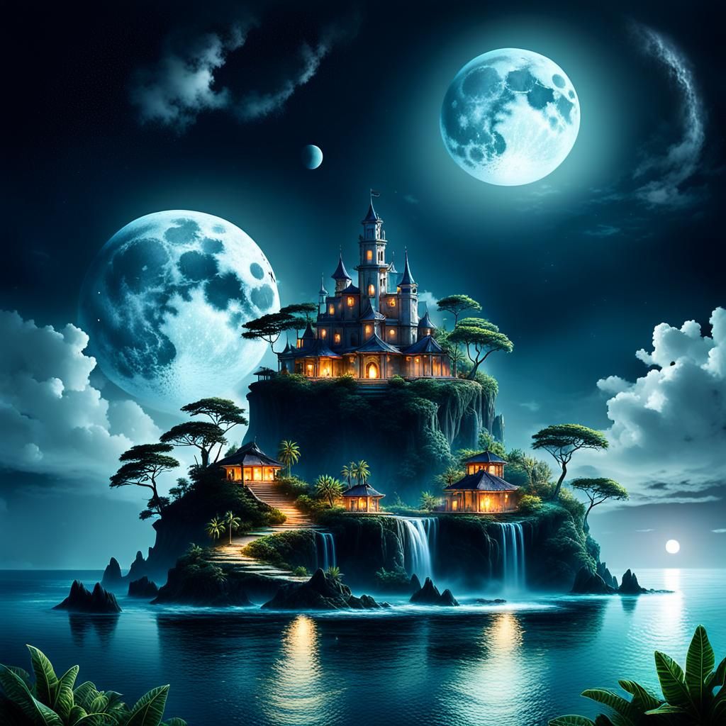 Enchanted Island Lit by Twin Moons: 3D Art
