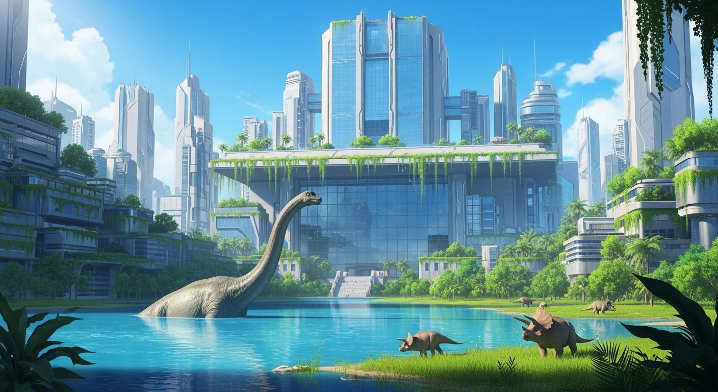 Futuristic Cityscape with Dinosaurs in 3D Anime Style