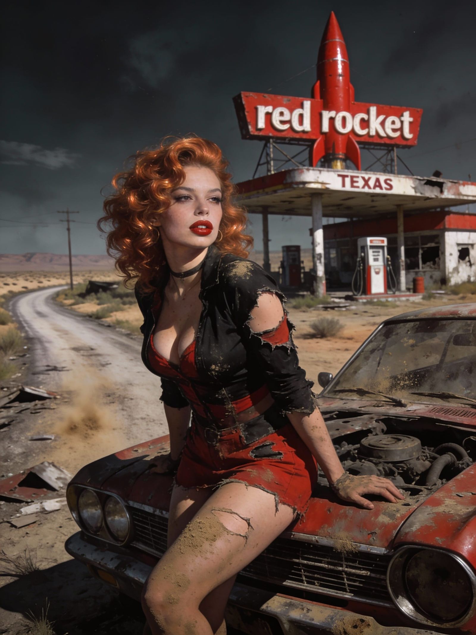 Wasteland Pin-Up Girl Leans on 60s Car Wreck