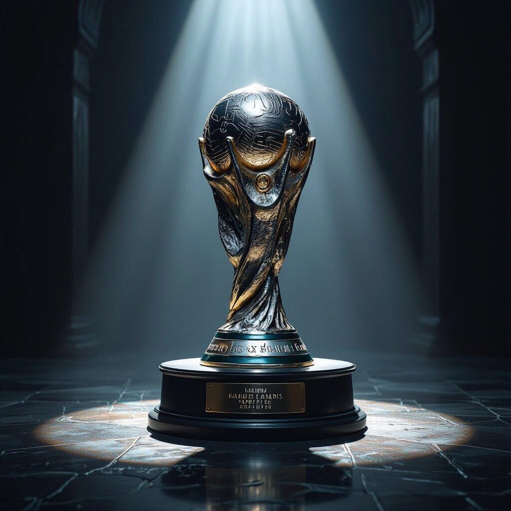 Silver FIFA World Cup Trophy in Dark Room