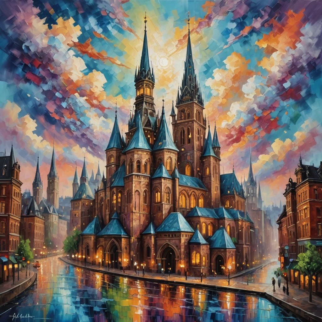 Majestic Cityscape: Impasto Acrylic Painting in 8K