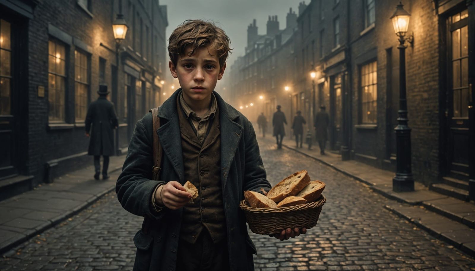 Orphan Boy in Foggy Victorian London Street