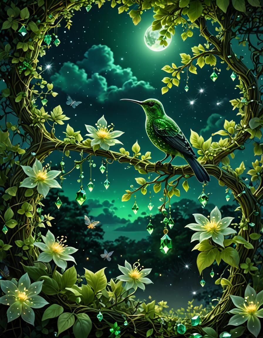 Mystical Emerald Midnight Scene with Jeweled Ivy