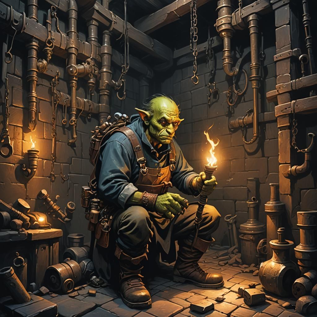 Goblin Plumber in Dark Fantasy Dungeon