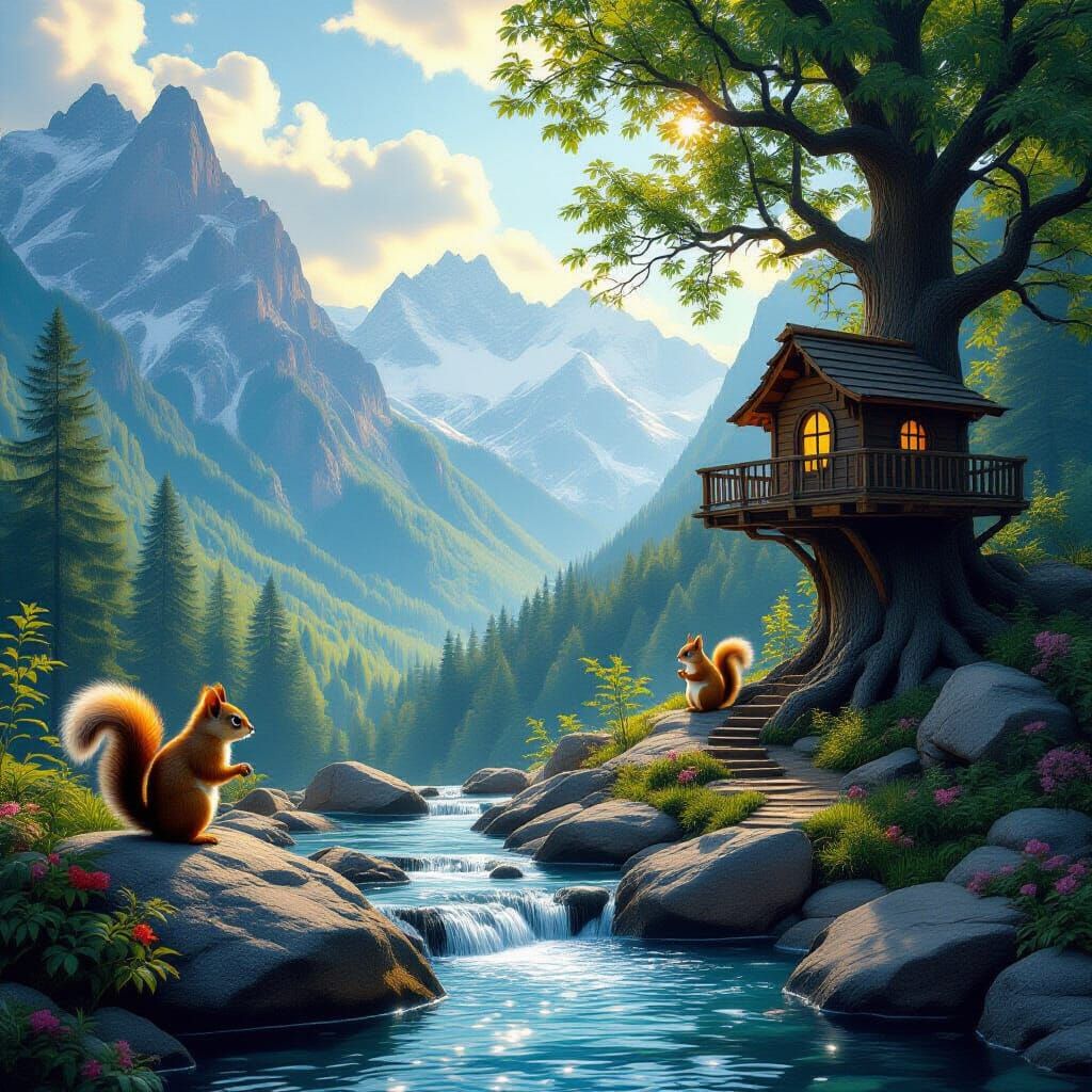 Fantasy Mountain Scene with Treehouse, Photorealistic Style