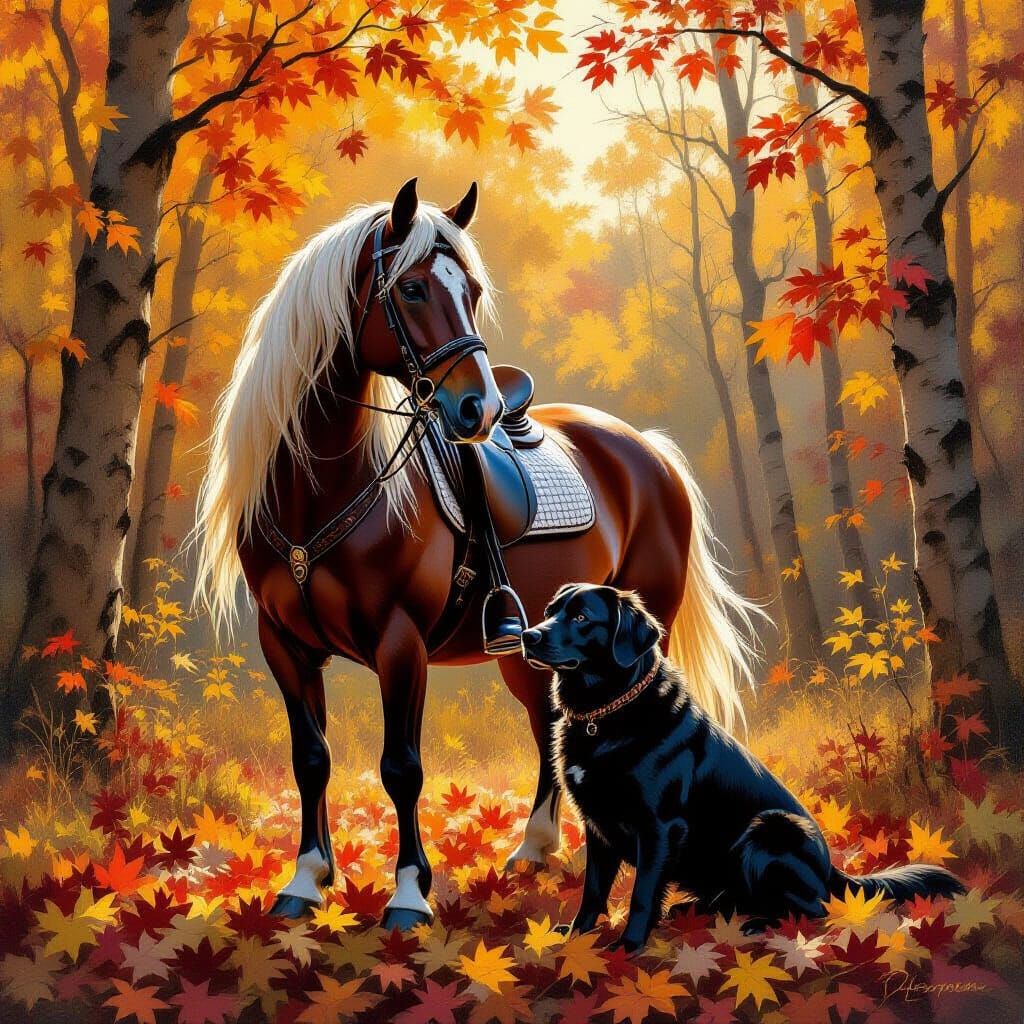 Arabian Mare in Autumn Forest, Oil Painting