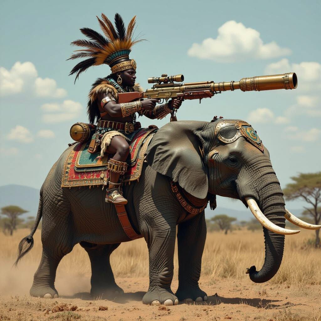 Steampunk Zulu Warrior on Armored Elephant