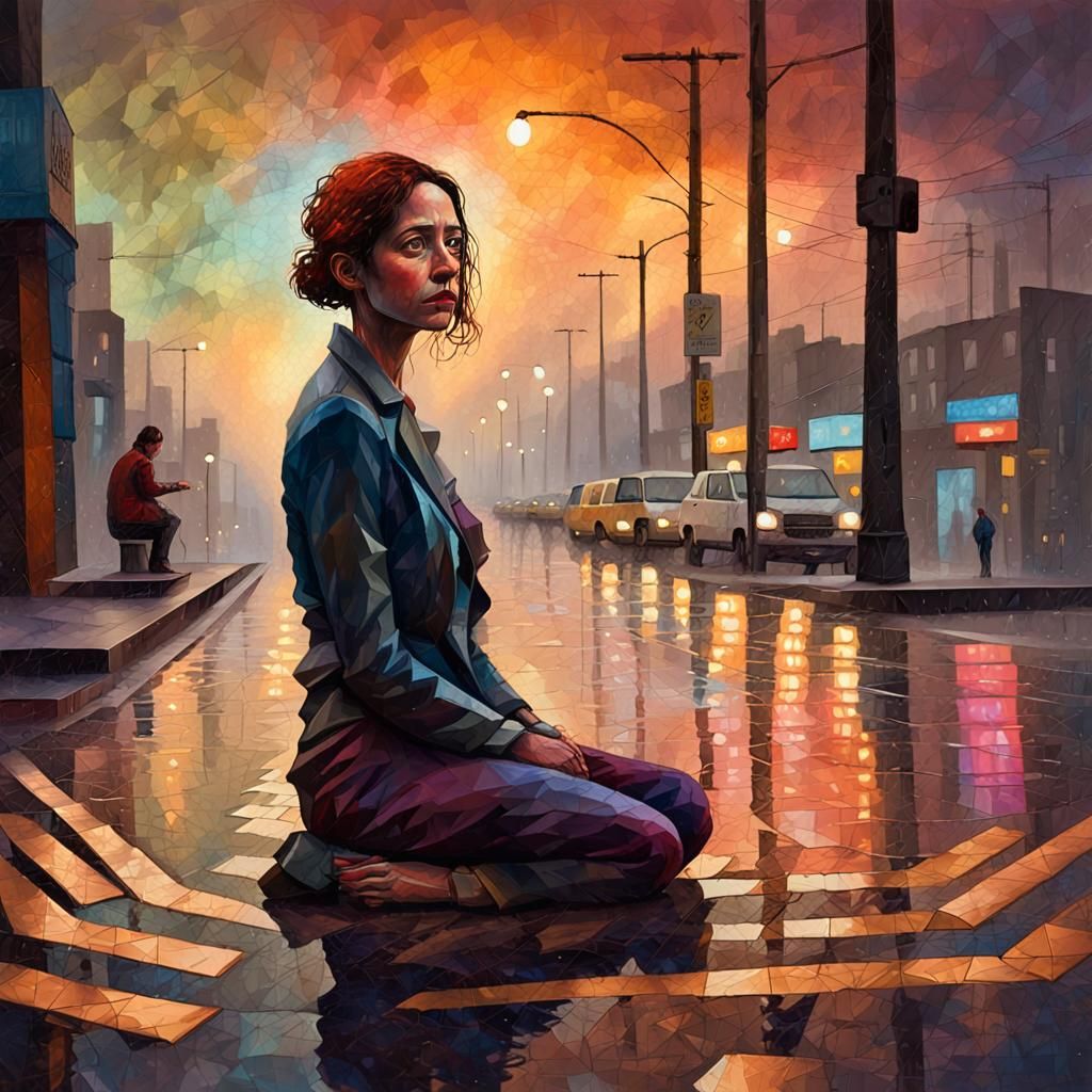 Lonely Figure in City Street: Low-Poly Portrait