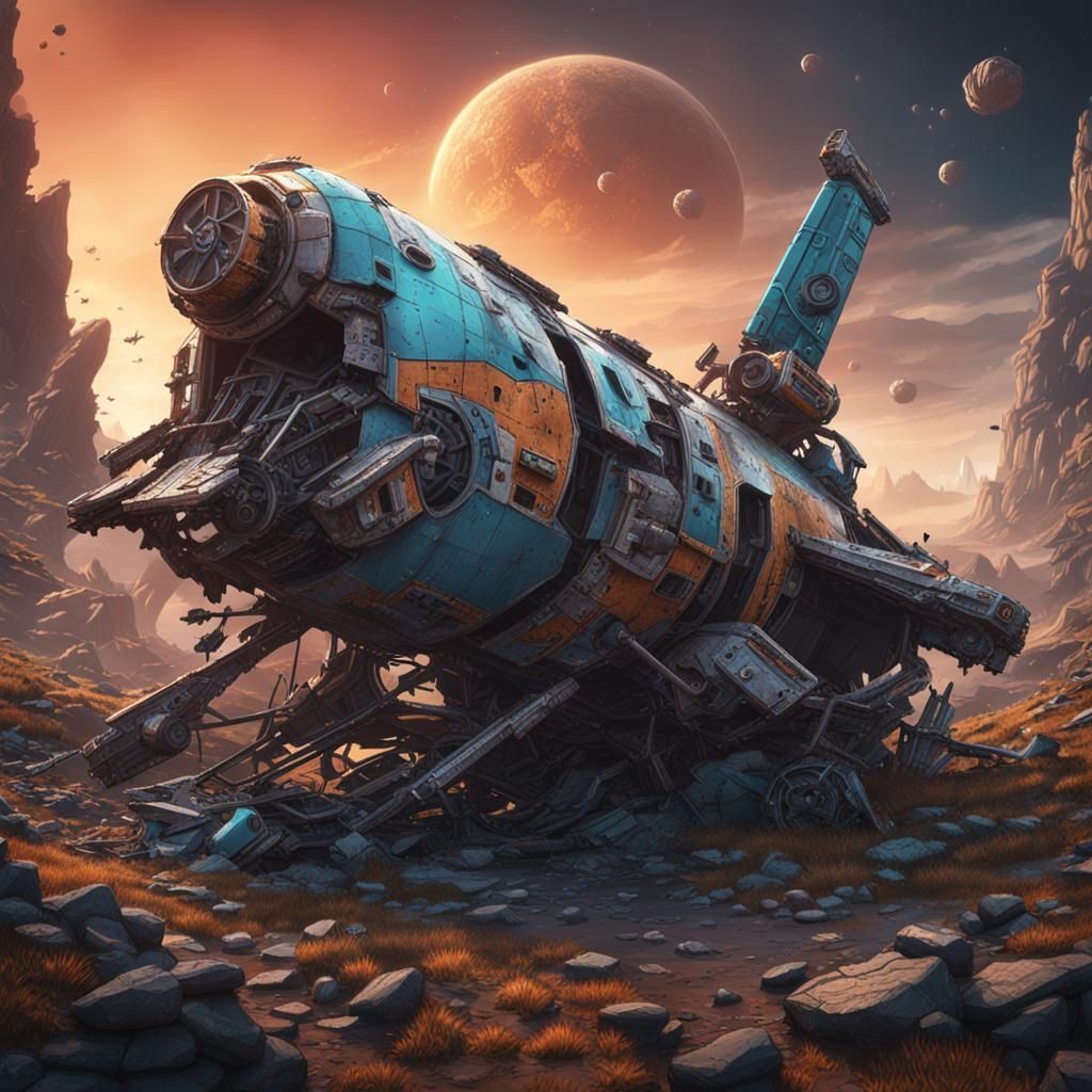 Crashed Spaceship Wreckage in Comics Style