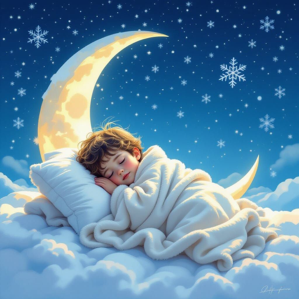 Boy Sleeping on Moon in Cozy Blanket Under Starry Winter Nig...
