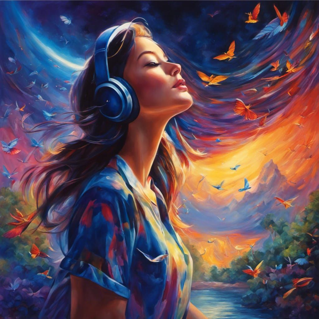 Girl Immersed in Music Amidst Colorful Nature