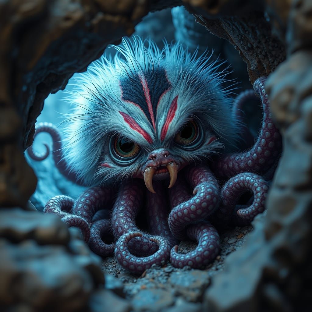 Creepy Cute Fluffy Creature with Neon Tentacles in Rock Fiss...
