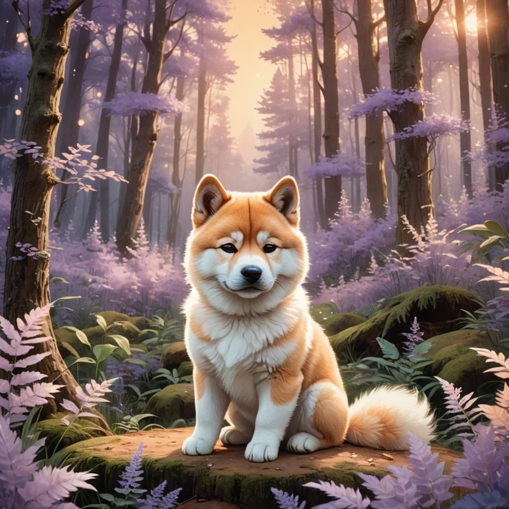 Akita Inu Puppy in Whimsical Fantasy Forest
