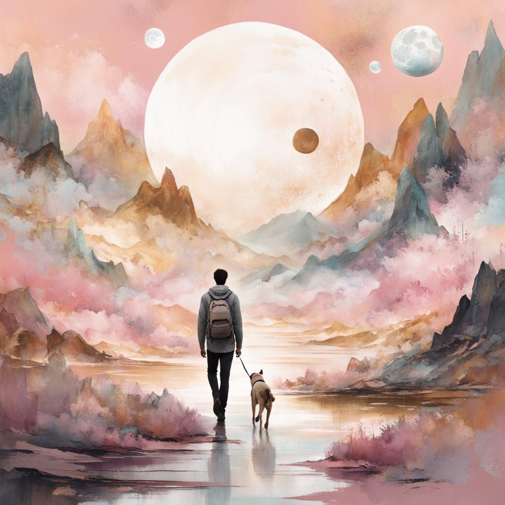 Man and Dog in Abstract Pastel Landscape