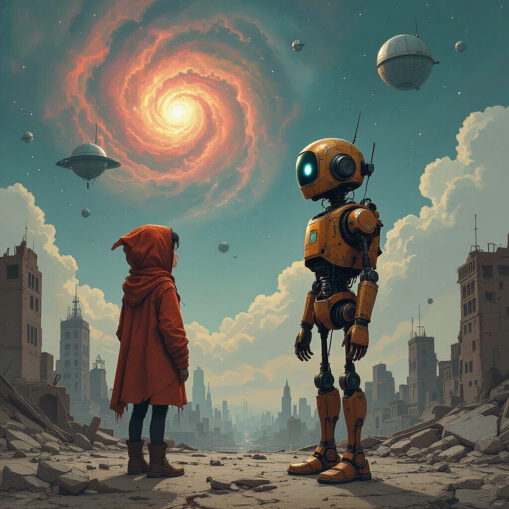 Lonely Robot Gazing at Nebula in Retro-Futuristic Style