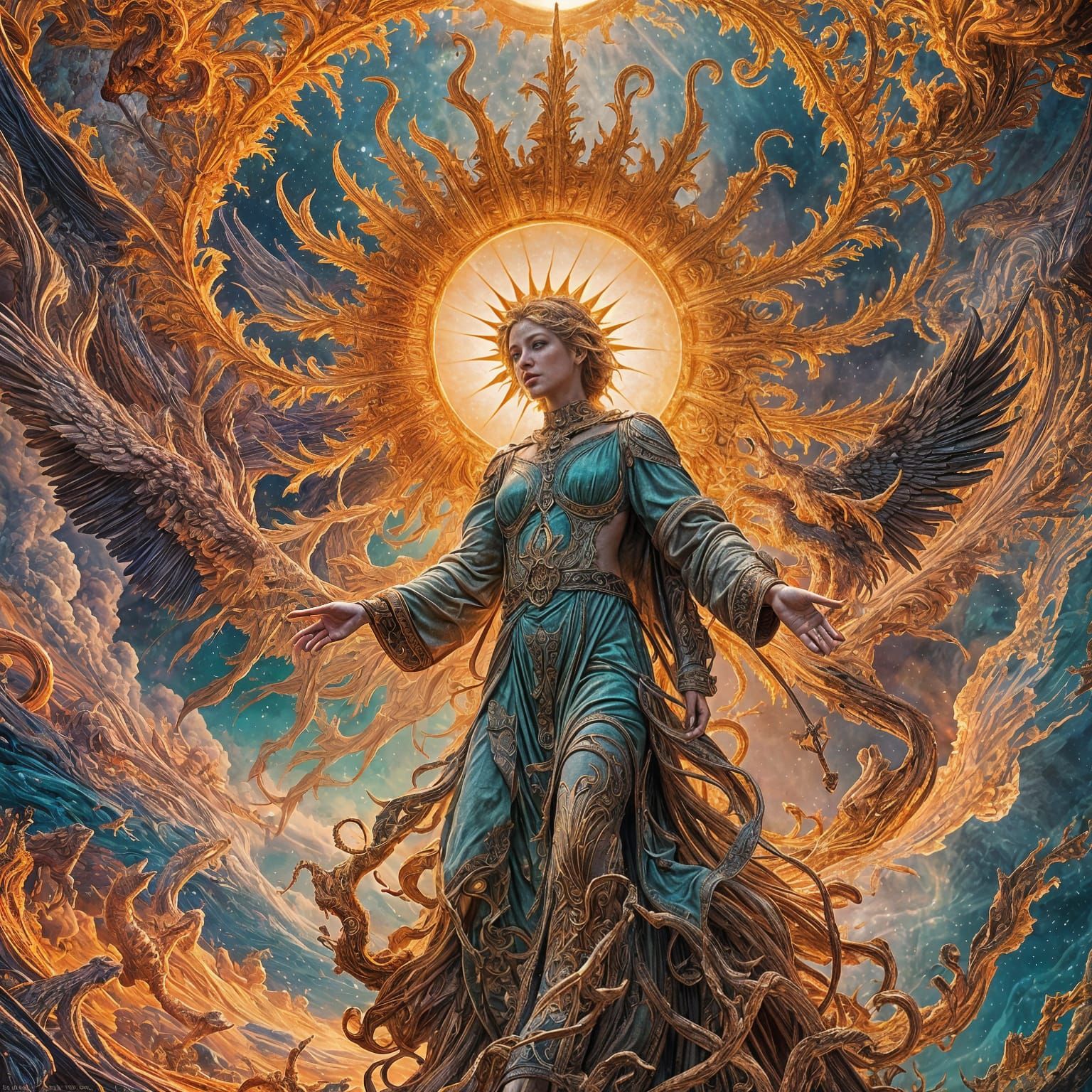 Psychedelic Angel's Solar Journey: Detailed Matte Painting