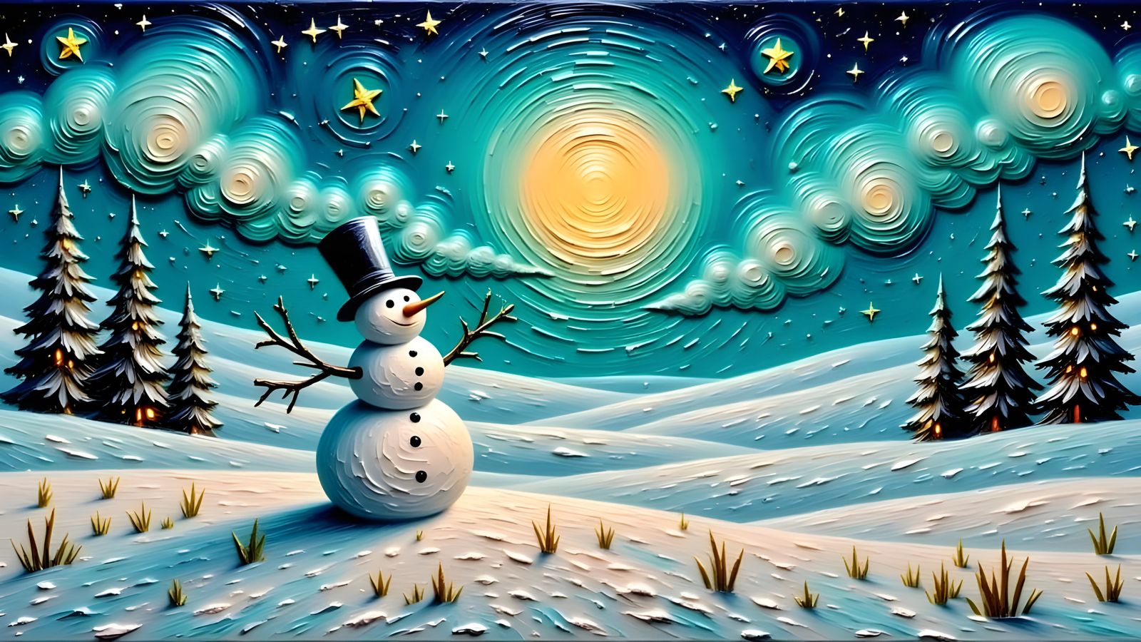Snowman in Snowy Meadow: Impasto Oil Painting