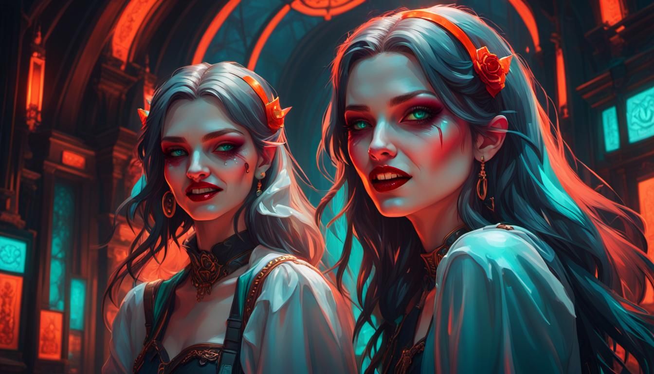 Vampire Girl with Neon Lipstick, Hyperdetailed Digital Art